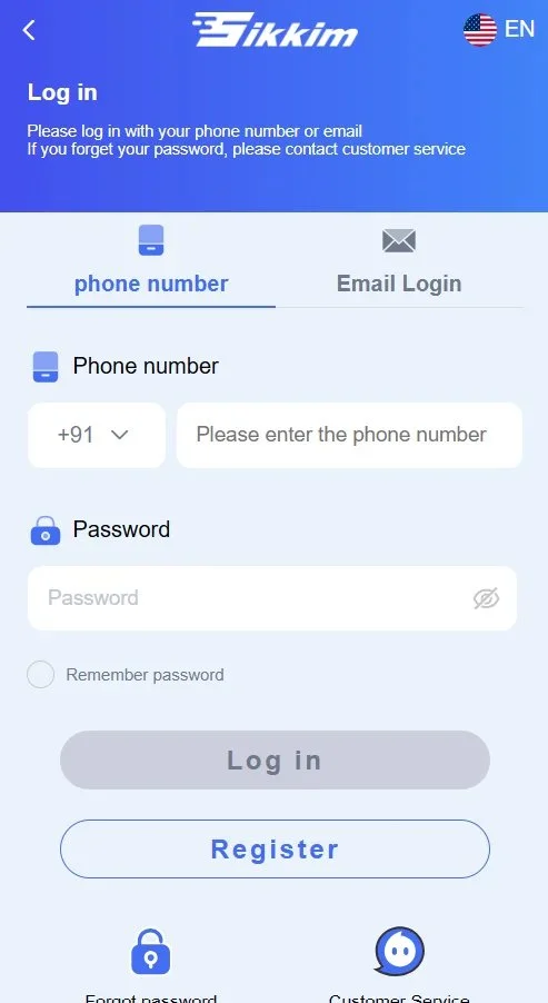 Sikkim game login screen